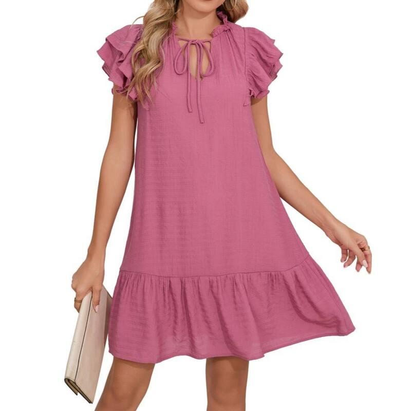 救世主流行り物 レディース トップス 衣裳 フラウンス裾 フラウンス midi Yesfashion Women\u0027s Ruffle Sleeve Dress Tie Neck Flowy Midi Sundress with Ruffle Hem Pink サクラ色