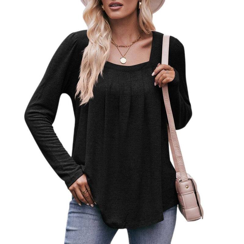 救い主流行り物 レディース トップス プルオーバー 筋目 トップ Yesfashion Women\u0027square Neck Pleated Long Sleeve Blouse Loose Fit Soft Office Wear Black 黒いこと