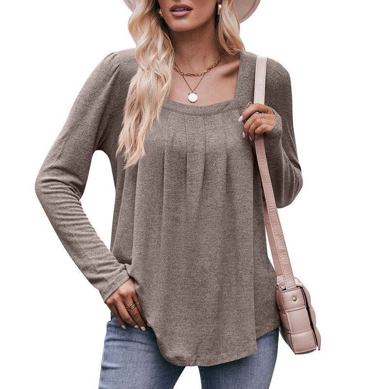 救い主流行り物 レディース トップス プルオーバー 筋目 トップ Yesfashion Women\u0027square Neck Pleated Long Sleeve Blouse Loose Fit Soft Office Wear Khaki カーキ