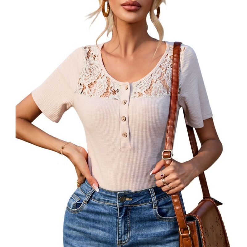 上半身大きさ レディース トップス プルオーバー 労働者の一団のど首 リブラウス スピード競技 BODDYSIZE Womensummer Business Work Blouse Tops Lace Short Sleeve Casual Crew Neck Ribbed Tunic with Button Apricot 杏