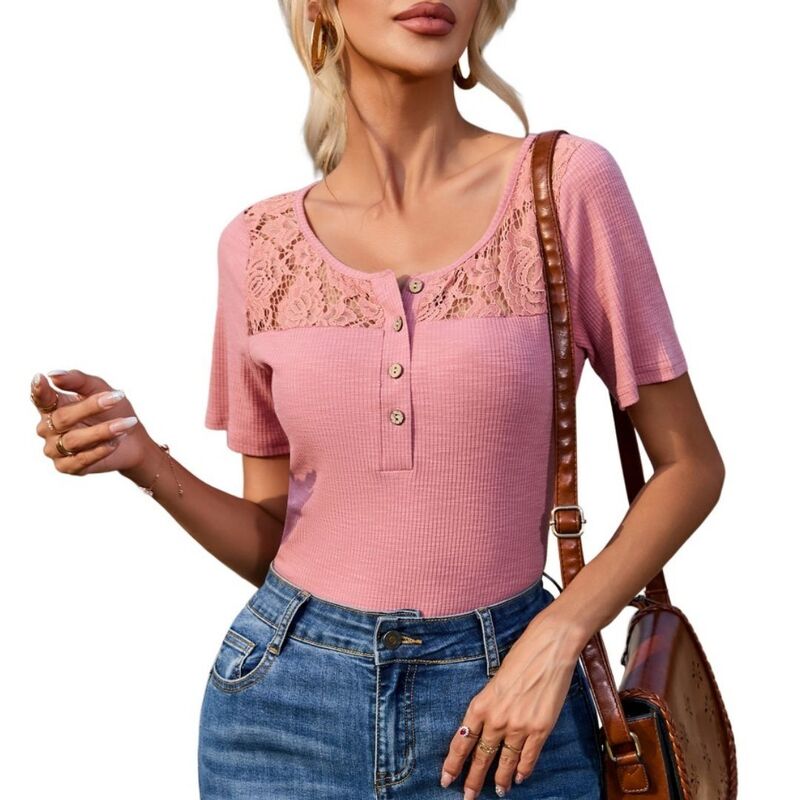 上半身大きさ レディース トップス プルオーバー 労働者の一団のど首 リブラウス スピード競技 BODDYSIZE Womensummer Business Work Blouse Tops Lace Short Sleeve Casual Crew Neck Ribbed Tunic with Button Pink サクラ色