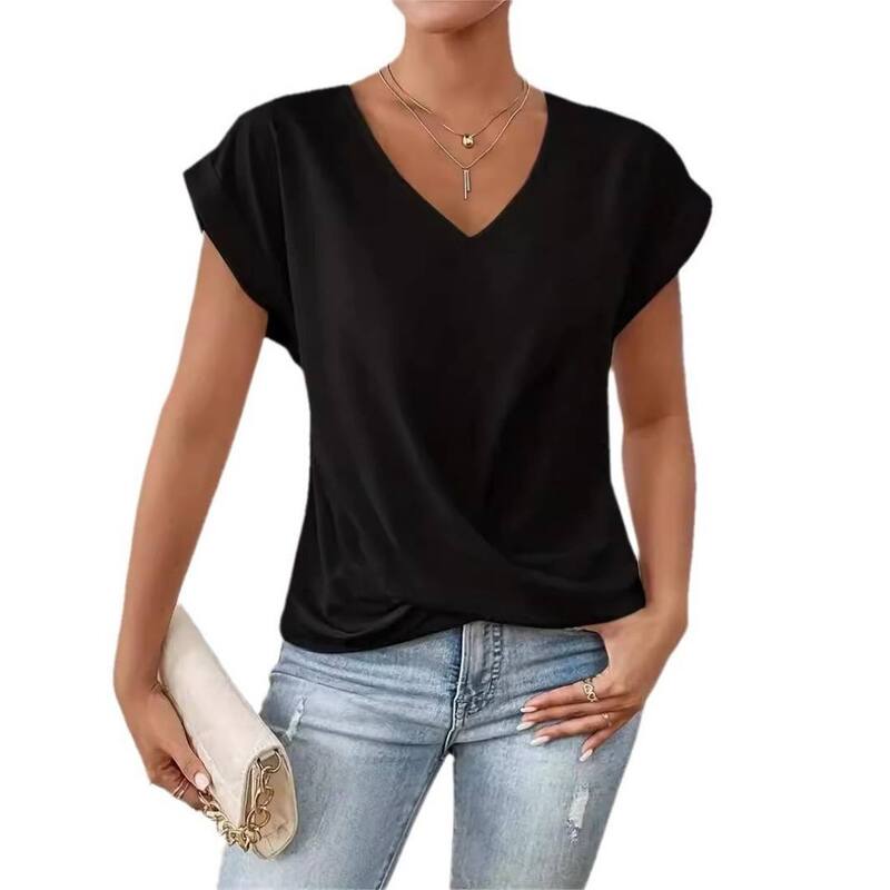 上半身大きさ レディース トップス プルオーバー か細い填まる Vのど首 BODDYSIZE Women\u0027slim Fit V Neck T Shirtops Casual Top Short Sleeve Twist Knot Shirtstylish Black 黒いこと