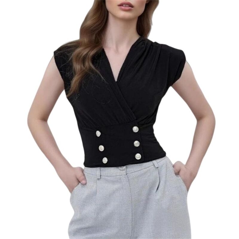 上半身大きさ レディース トップス プルオーバー Vのど首 筋目 より良い クロップド BODDYSIZE Women\u0027s Work Office Cropped Vestops Dressy Double Breasted V Neck Pleated Black Style Black 黒いこと