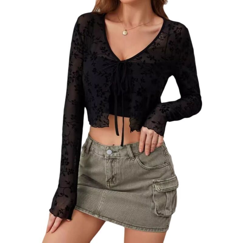 ボディサイズ レディース トップス Tシャツ フラワー柄 メッシュ シアー クロップド レース フラワー BODDYSIZE Women's Y2K Crop Tops Long Sleeve Floralace Cropped Mesheer Tie Frontops Black ブラック|ReVida 店