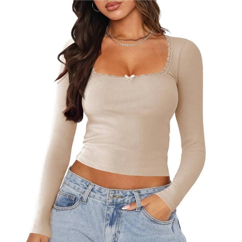 クリアフラワー レディース トップス シャツ スリムフィット レーストリム リブ クロップド ブラウス レース ClearFlower Women'slim Fit Lace Trim U - Neck Ribbed Top Cute Cropped Long Sleeve Blouse Apricot アプリコット｜ReVida 店