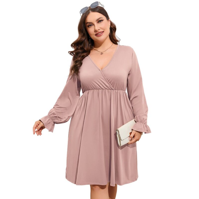 セオリア レディース トップス ワンピース Vネック プラスサイズ マキシ Seoria Women\'s Plusize V-Neck Long Sleeve Dress with Pockets Casual Flowy Maxi Dress for Everyday Wear Apricot アプリコット｜ReVida 店