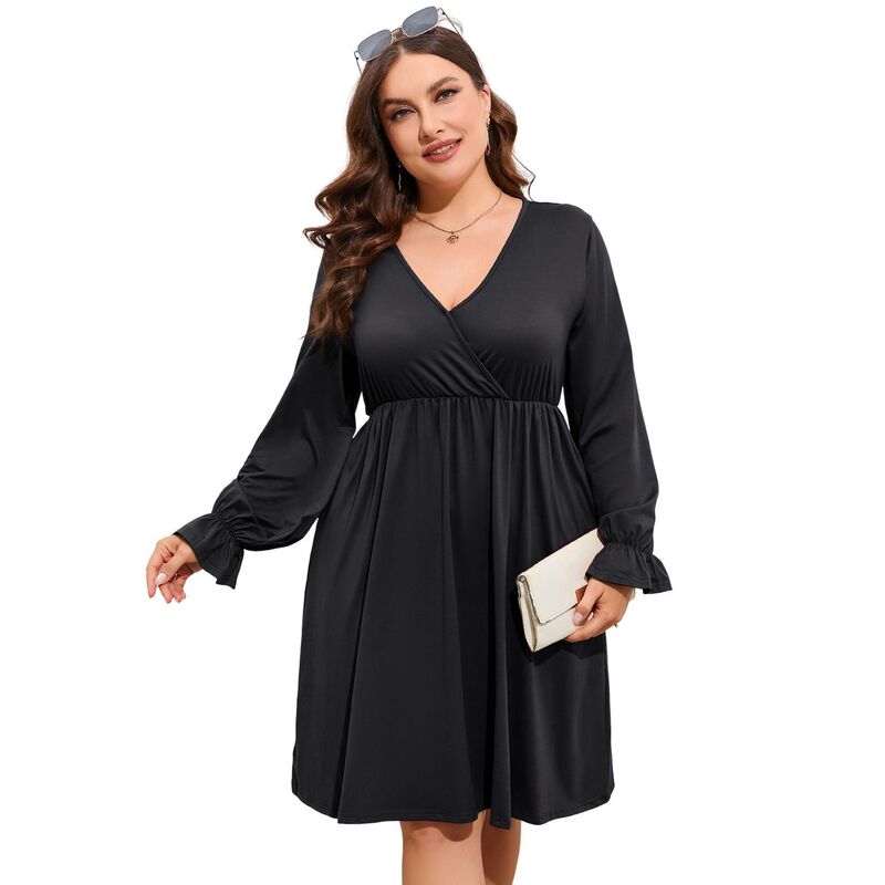 セオリア レディース トップス ワンピース Vネック プラスサイズ マキシ Seoria Women\'s Plusize V-Neck Long Sleeve Dress with Pockets Casual Flowy Maxi Dress for Everyday Wear Black ブラック｜ReVida 店