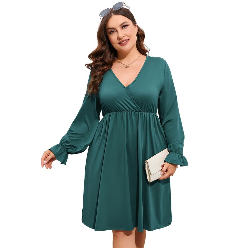 セオリア レディース トップス ワンピース Vネック プラスサイズ マキシ Seoria Women\'s Plusize V-Neck Long Sleeve Dress with Pockets Casual Flowy Maxi Dress for Everyday Wear Dark Green グリーン｜ReVida 店