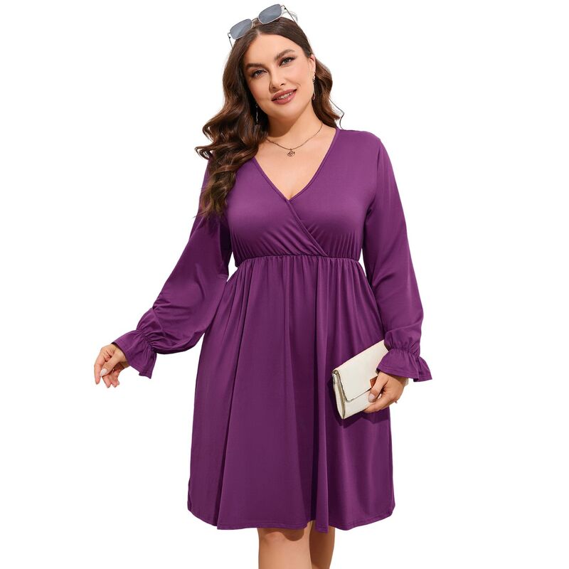 セオリア レディース トップス ワンピース Vネック プラスサイズ マキシ Seoria Women\'s Plusize V-Neck Long Sleeve Dress with Pockets Casual Flowy Maxi Dress for Everyday Wear Deepurple パープル｜ReVida 店