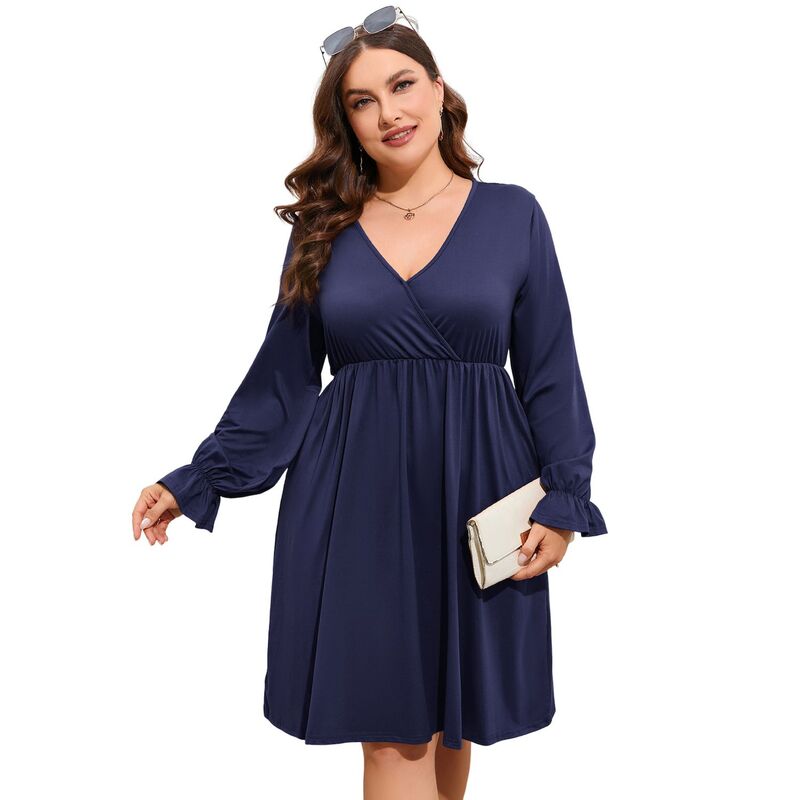 セオリア レディース トップス ワンピース Vネック プラスサイズ マキシ Seoria Women\'s Plusize V-Neck Long Sleeve Dress with Pockets Casual Flowy Maxi Dress for Everyday Wear Navy Blue ネイビー｜ReVida 店