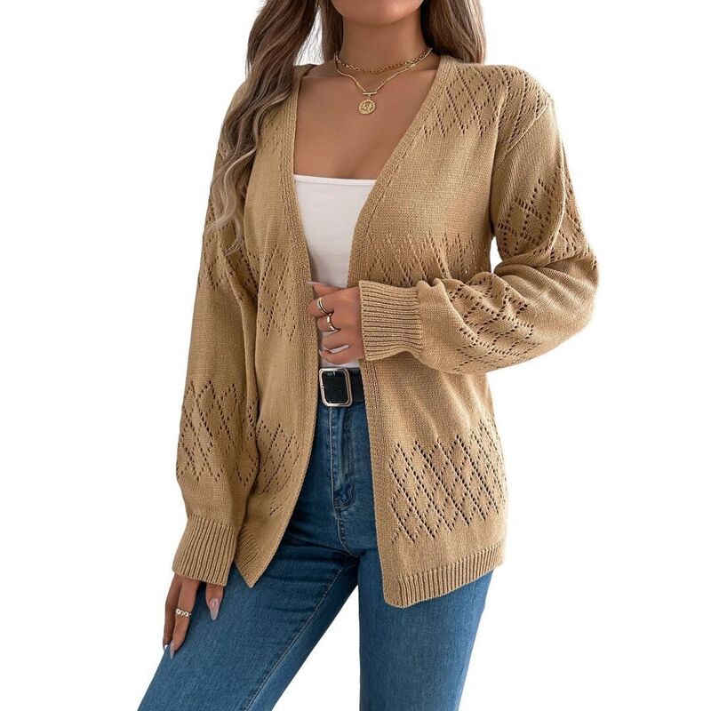 イエスファッション レディース アウター ニット・セーター カーディガン Yesfashion Women'sweaters Lantern Sleeve Hollow Out Open Front Lightweight Crochet Cardigan Tops Khaki カーキ|ReVida 店