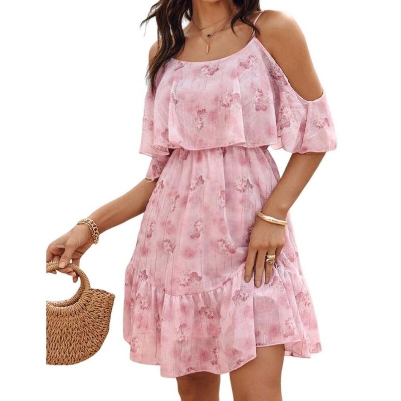イエスファッション レディース トップス ワンピース フリル裾 フラワー柄 プリント フリル フラワー Yesfashion Women\'s Boho Floral Print Short Sleeve Cold Shoulder Cami Dress Ruffle Hem Short Dresses Pink Red レッド｜ReVida 店