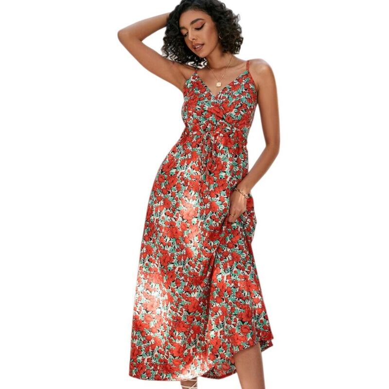 イエスファッション レディース トップス ワンピース フラワー柄 マキシ フラワー Yesfashion Women's Floral Tie Front Spaghetti Strap Casual Boho Beach Flowy Maxi Dress Red Flower レッド｜ReVida 店