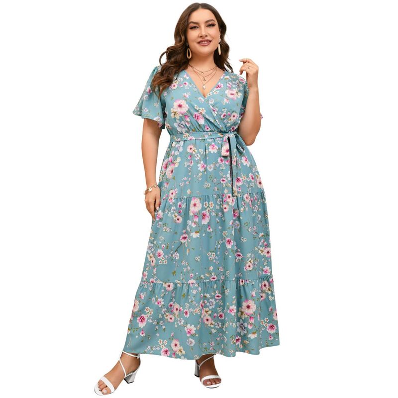 セオリア レディース トップス ワンピース Vネック ハイウエスト プラスサイズ フリル マキシ Seoria Women Plusize V Neck Ruffle Maxi Dressummer Short Sleeves High Waist Wrap Dress with Belt Green Plum Blossom グリーン｜ReVida 店