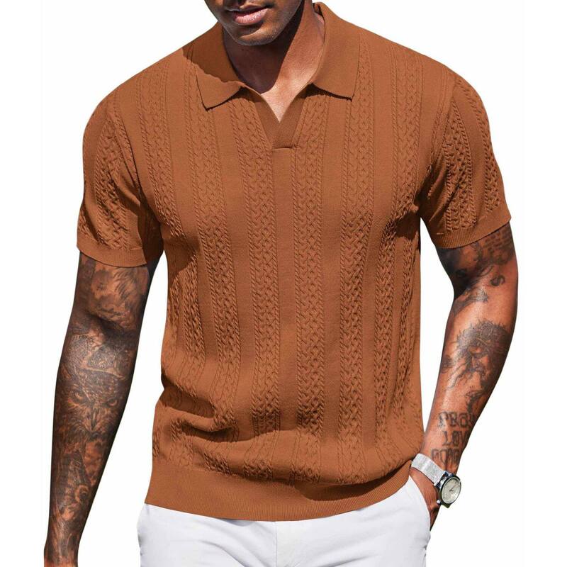 クーファンディ レディース トップス Tシャツ Vネック ポロシャツ ニット COOFANDY Polo Shirts for Men Short Sleeve Textured Knit Polo Collared Polo Shirts V Neck Stretch Light Brown ブラウン｜ReVida 店