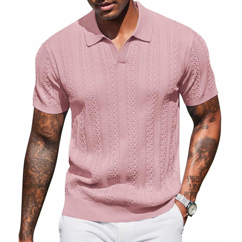 クーファンディ レディース トップス Tシャツ Vネック ポロシャツ ニット COOFANDY Polo Shirts for Men Short Sleeve Textured Knit Polo Collared Polo Shirts V Neck Stretch Lotus Pink ピンク｜ReVida 店