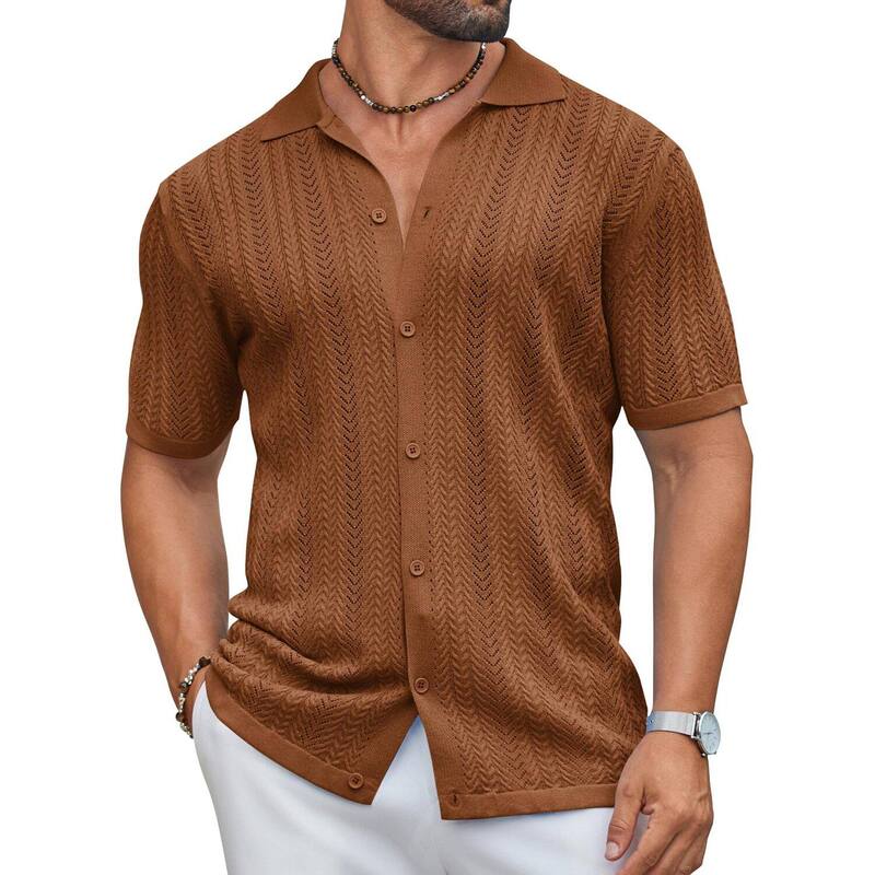 クーファンディ レディース アウター ニット・セーター ヴィンテージ ポロシャツ COOFANDY Knit Polo Men Casual Stylishort Sleeve Vintage Beach Shirt Clothes Textured Button Up Light Brown ブラウン|ReVida 店