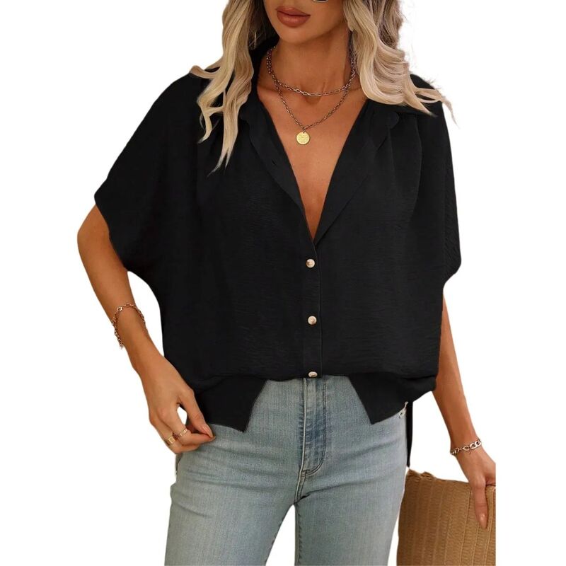 エリート肝ったま レディース トップス プルオーバー Vのど首 名取り草落ちこむ EliteSpirit Button Down Short Sleeve Shirts for Women V Neck Loose Roll Up Collared Shirt Casual Summer Tops Black 黒いこと