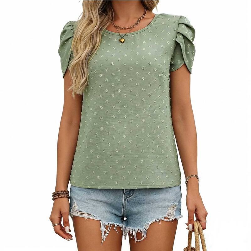 エリート肝ったま レディース トップス プルオーバー トップ EliteSpirit Women\u0027s Textured Short Sleeve Blouse Round Neck Petal Sleeve Office Casual Top Green 緑であること