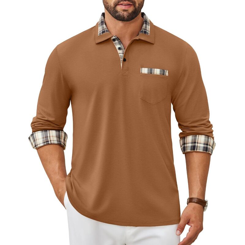 クーファンディ レディース トップス Tシャツ ポロシャツ COOFANDY Men' Polo Shirt Long Sleeve Casual Button Polo Tee Plaid Collared Golg Shirt with Pocket Light Brown ブラウン｜ReVida 店