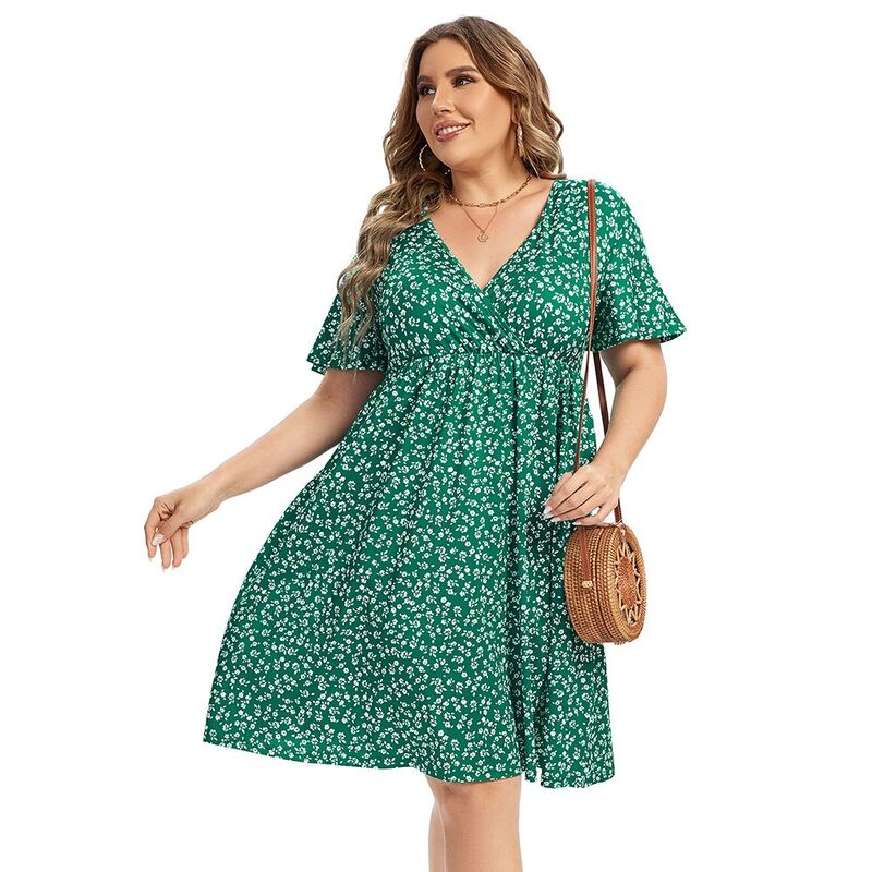 ミスキー レディース トップス ワンピース フリル裾 Vネック A ライン プラスサイズ フリル MISSKY Women's Plusize Wrap V Neck Short Sleeve Ruffle Hem A Line Short Dressmall Green Flowers グリーン｜ReVida 店