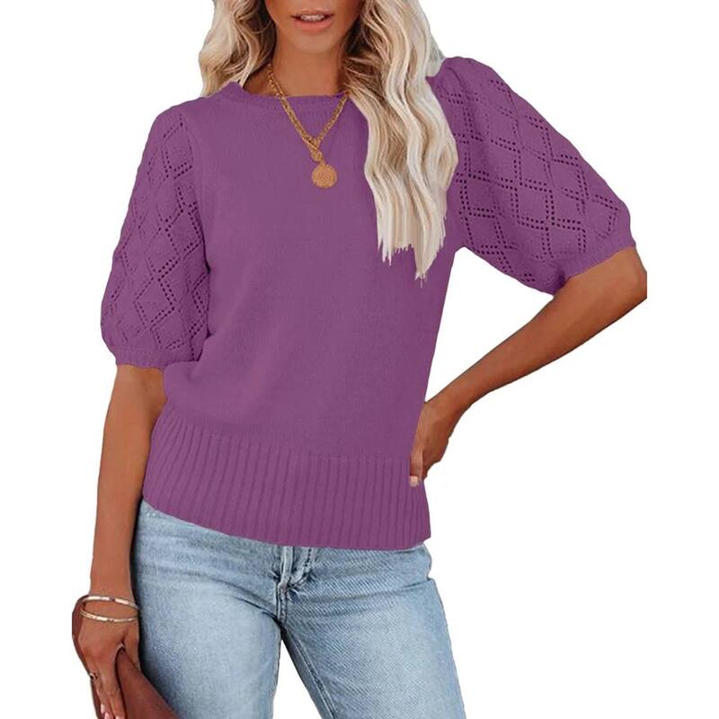セオリア レディース トップス Tシャツ クルーネック ニット Seoria Women'short Sleeve Knitop Crew Neck Lightweight Crochet Pullover Summer Tees Deepurple パープル｜ReVida 店