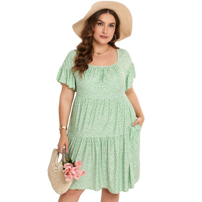 セオリア レディース トップス ワンピース プラスサイズ フリル Seoria Plusize Dress Women Square Neck Ruffle Sleeve Summer Dress Plusize Dress Clothing Ligth Green Floral グリーン｜ReVida 店 9,360円