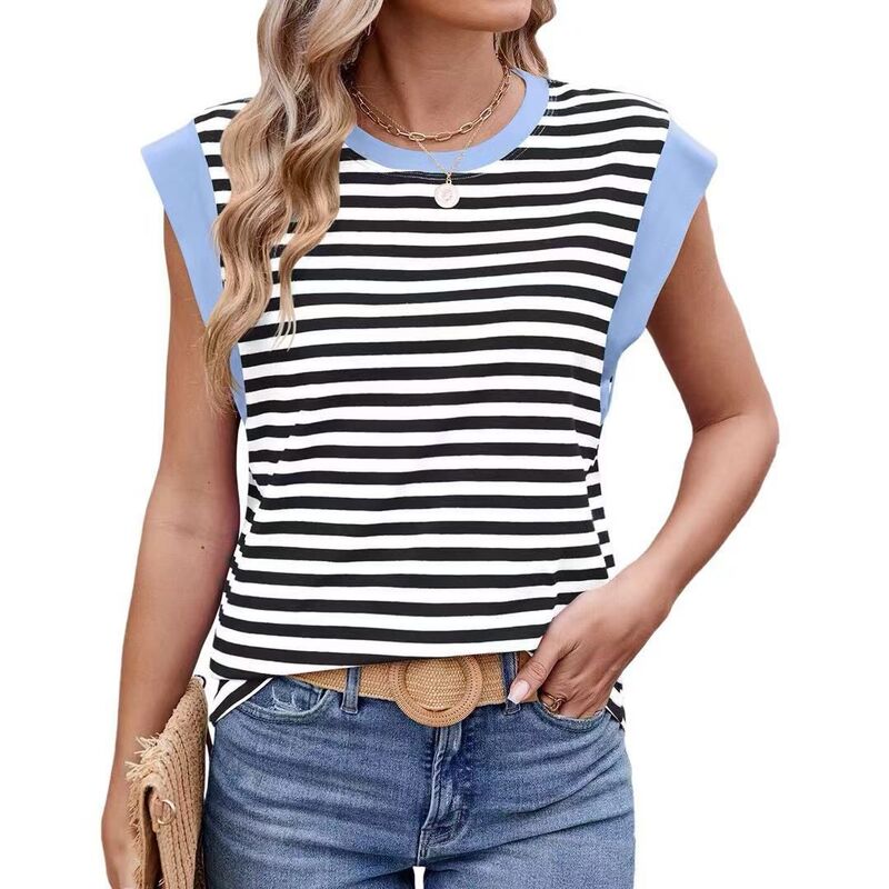 クリアフラワー レディース トップス Tシャツ クルーネック キャップ ブラウス ClearFlower Womens Tank Topsummer Casual Crewneck Cap Sleeve Striped T Shirts Loose Blouses Black White Stripes ホワイト｜ReVida 店