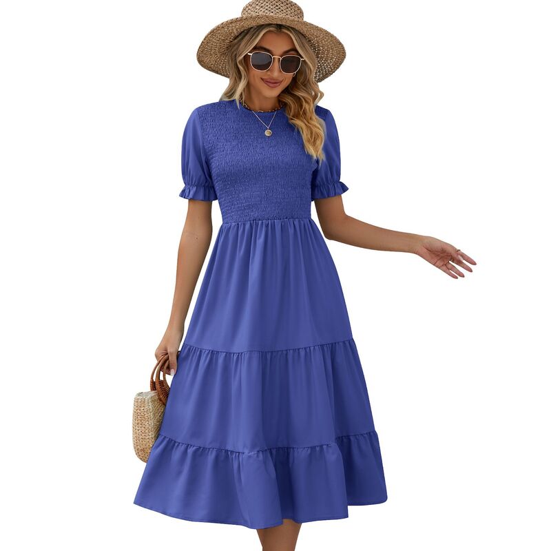 セオリア レディース トップス ワンピース ティアード クルーネック ミディ シャーリング Seoria Women'summer Dress Puff Short Sleeve Crew Neck Smocked Elastic Waistiered Midi Dress with Belt Royal Blue ブルー|ReVida 店