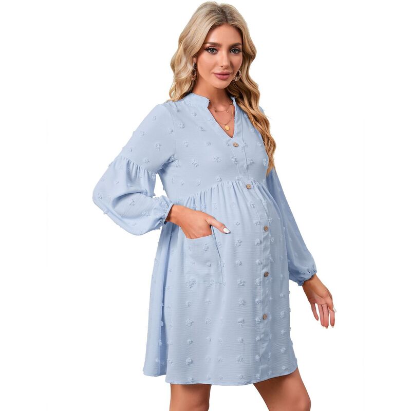 セオリア レディース トップス 衣裳 V首っ玉 マタニティ Seoria Women\u0027s Long Sleeve Maternity Dress V Neck Swiss Dot Casualoose Short Dresses Light Blue 青色