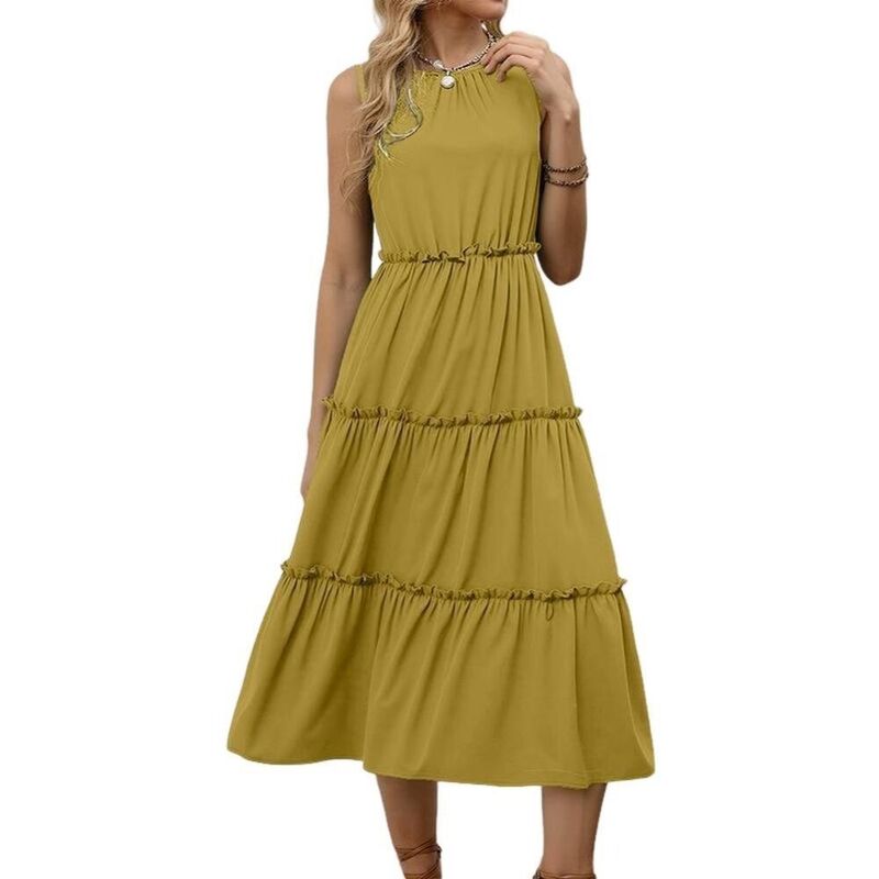 救世主流行り物 レディース トップス 衣裳 midi ノースリーブ ホルター Yesfashion Womensleeveless Halter Neck Flowy Midi Sundress Casual Spring Beach Vacation Summer Dress Yellow 黄み