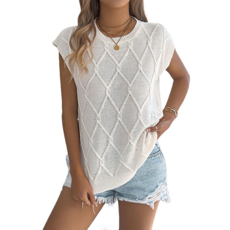イエスファッション レディース アウター ニット・セーター クルーネック キャップ Yesfashion Womens Knitop Argyle Cap Sleeve Crew Neck Loose Fit Casual Sweater for Daily Office Apricot アプリコット|ReVida 店