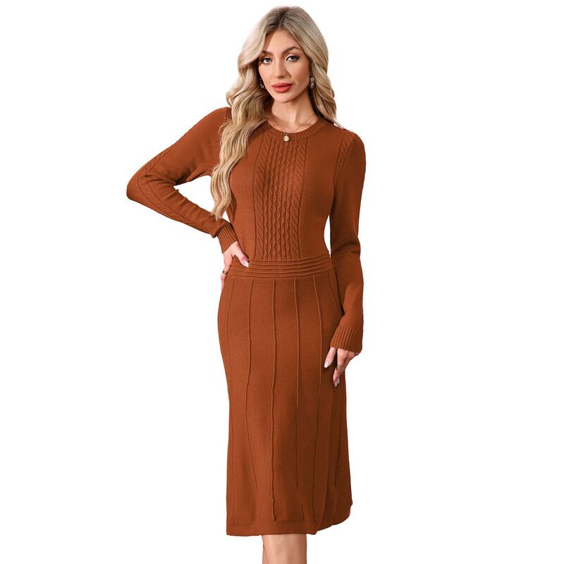 セオリア レディース トップス ワンピース クルーネック リブ ミディ セーター ニット Seoria Womens Long Sleeve Casual Dress Fall Ribbed Knit Sweater Crewneck Midi Weddinguest Dresses Brown ブラウン｜ReVida 店