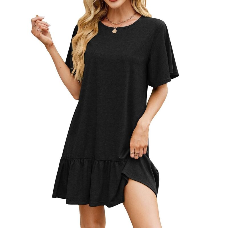 セオリア レディース トップス 衣裳 フラウンス裾 フラウンス ミニ Seoria Women Summer Casual Dresses Ruffle Hem Short Sleeve Loose Swing Tunic Mini Dress Black 黒いこと