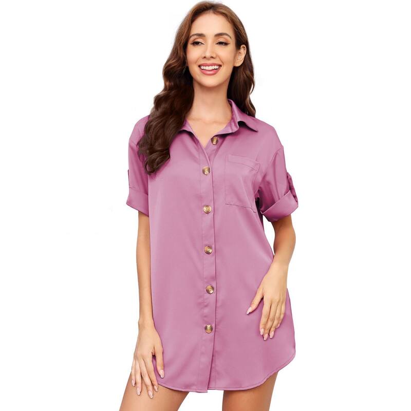 セオリア レディース アンダーウェア ナイトウェア Vネック ボタンダウン シャツ ダウン Seoria Women V Neck Button Downightgown Sleepshirt Short Sleeve Nightshirt Pajamas Nightdress Purple パープル｜ReVida 店