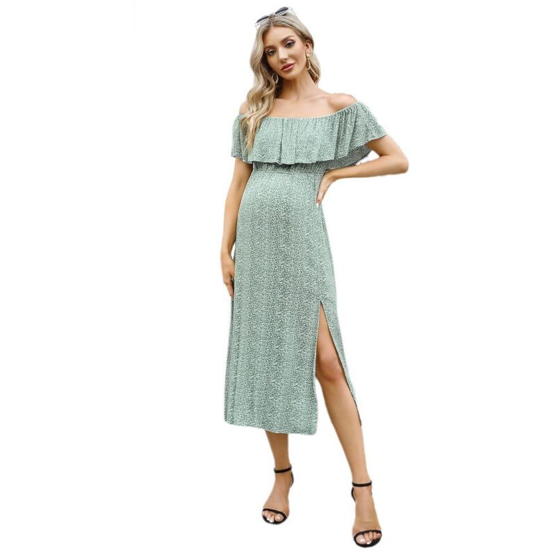 イエスファッション レディース トップス ワンピース 背中開き フリル マタニティ Yesfashion Women Ruffle Off Shoulder Dresshort Sleeve Backless Maternity Slit Hem Summer Beach Dresses Green Flower グリーン｜ReVida 店