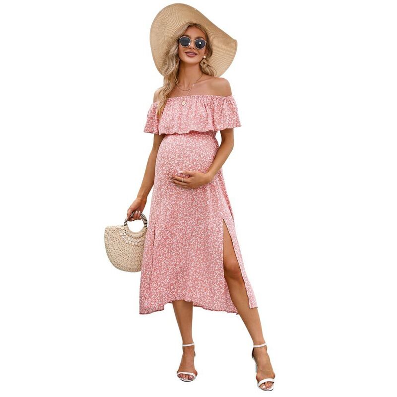 イエスファッション レディース トップス ワンピース 背中開き フリル マタニティ Yesfashion Women Ruffle Off Shoulder Dresshort Sleeve Backless Maternity Slit Hem Summer Beach Dresses Pink Flower ピンク｜ReVida 店