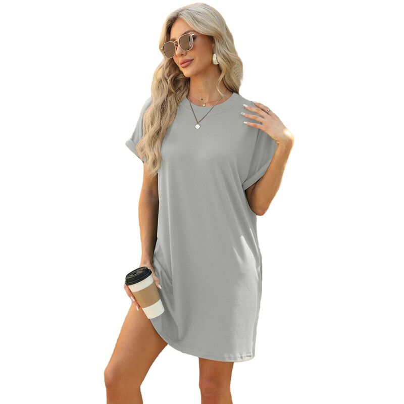 セオリア レディース トップス ワンピース クルーネック ミニ シャツ Seoria Womenshirt Dressummer Casual Short Sleeve Crewneck Mini Dresses with Pocket Grey グレー|ReVida 店