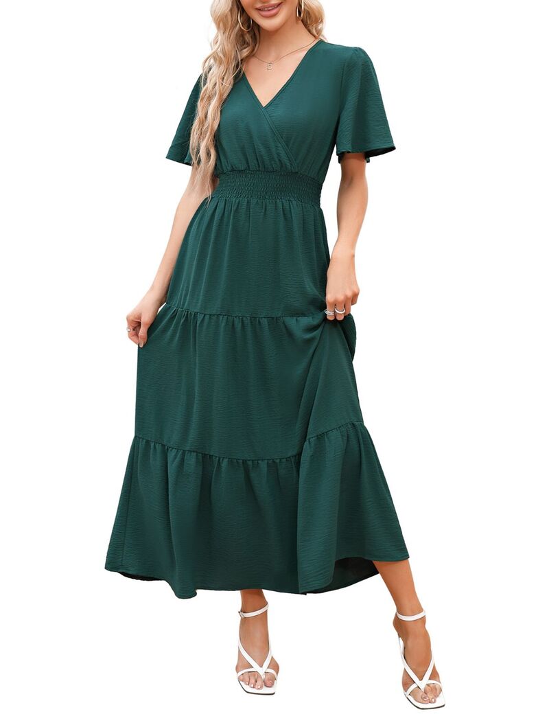 ファンジュライ レディース トップス ワンピース Vネック ティアード フリル シャーリング マキシ FUNJULY Women\'short Sleeve Tiered Maxi Dress V-Neck with Smocked Waist Ruffled Hem Dress Green グリーン|ReVida 店