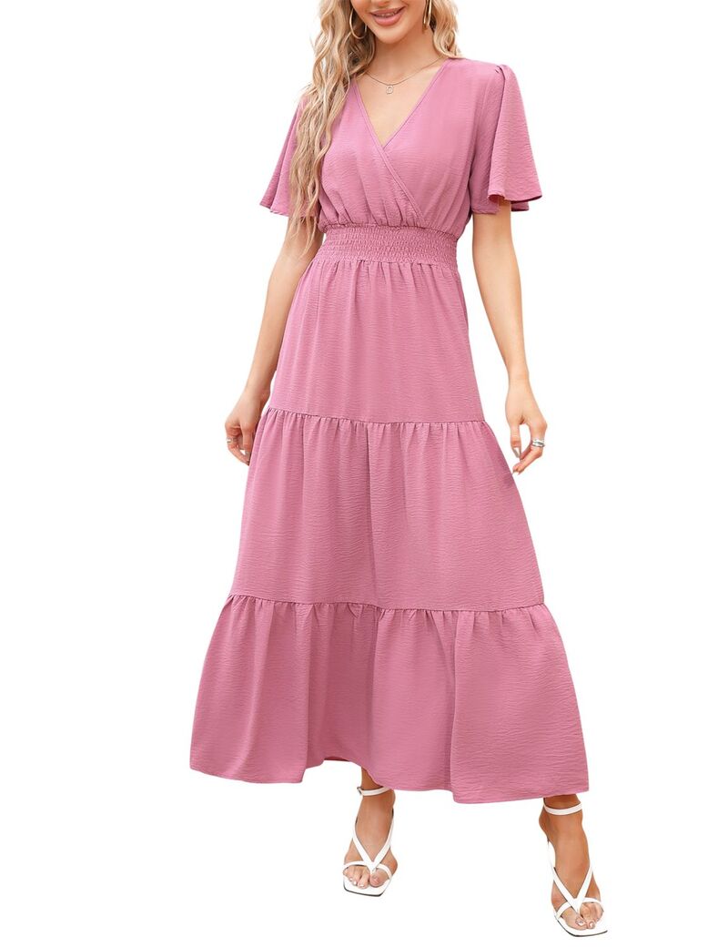 ファンジュライ レディース トップス ワンピース Vネック ティアード フリル シャーリング マキシ FUNJULY Women\'short Sleeve Tiered Maxi Dress V-Neck with Smocked Waist Ruffled Hem Dress Pink ピンク|ReVida 店