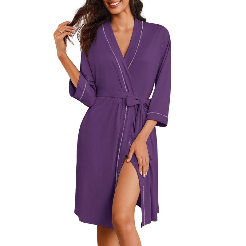 エコアー レディース アンダーウェア ナイトウェア ひざ丈 ニット Ekouaer Women Kimono Robe Knee Length Knit Bathrobe Lightweight 3/4 Sleeve Loungewear Soft Purple パープル｜ReVida 店