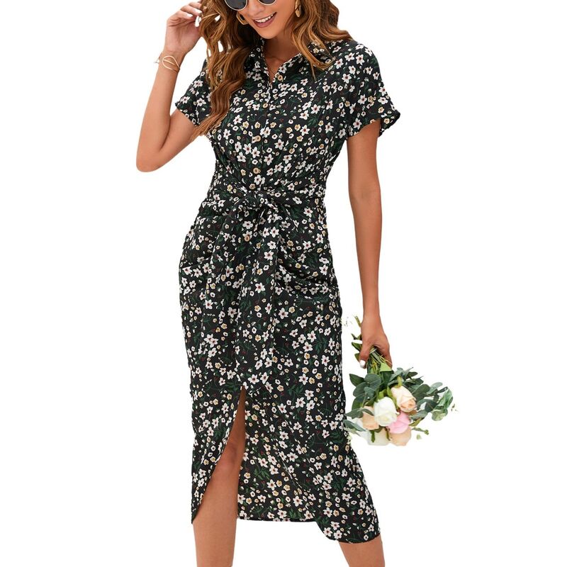 セオリア レディース トップス 衣裳 名取り草落ち込む プルオーバー 落ち込む Seoria Women Button Down Shirt Dresshort Sleeve Belted Casual Flowy Tie-Waist Collaredresses Black 黒いこと