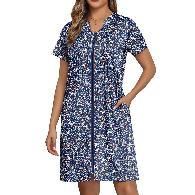 エコアー レディース アンダーウェア ナイトウェア コート Ekouaer Women Zipperobeshort Bathrobe Lightweight Mumu Duster House Coat with Pocketsoft Moo Floral Blue ブルー｜ReVida 店