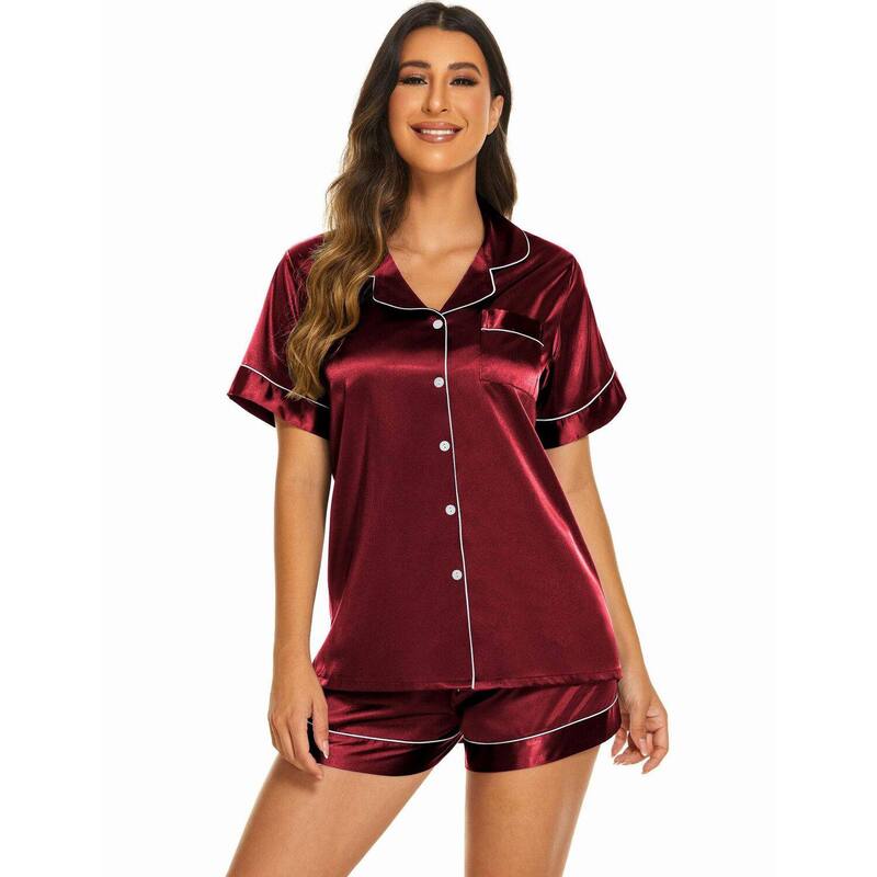 エコアー レディース アンダーウェア ナイトウェア ボタンダウン サテン シルク ダウン Ekouaer Silk Pajamas for Women Short Sleeve Sleepwear Soft Button Down Loungewear 2 Piece Satin Pjs Wine ワイン｜ReVida 店