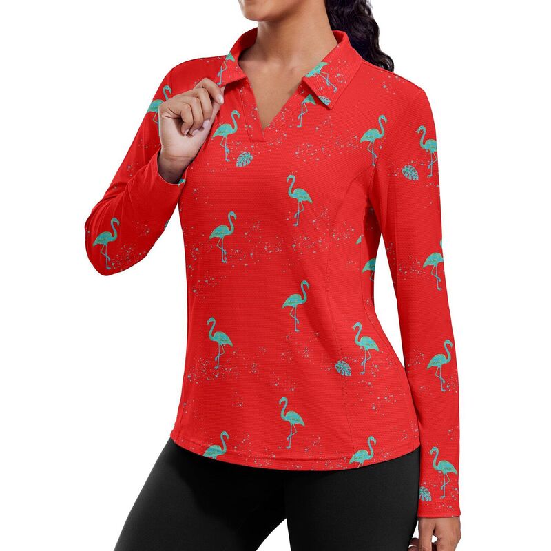 ピンスパーク レディース トップス Tシャツ Vネック ポロシャツ Pinspark Women's Long Sleeve V Neck Golf Polo Shirt UPF50+ Lightweightop for Hiking Running Yoga Flamingo Red レッド|ReVida 店
