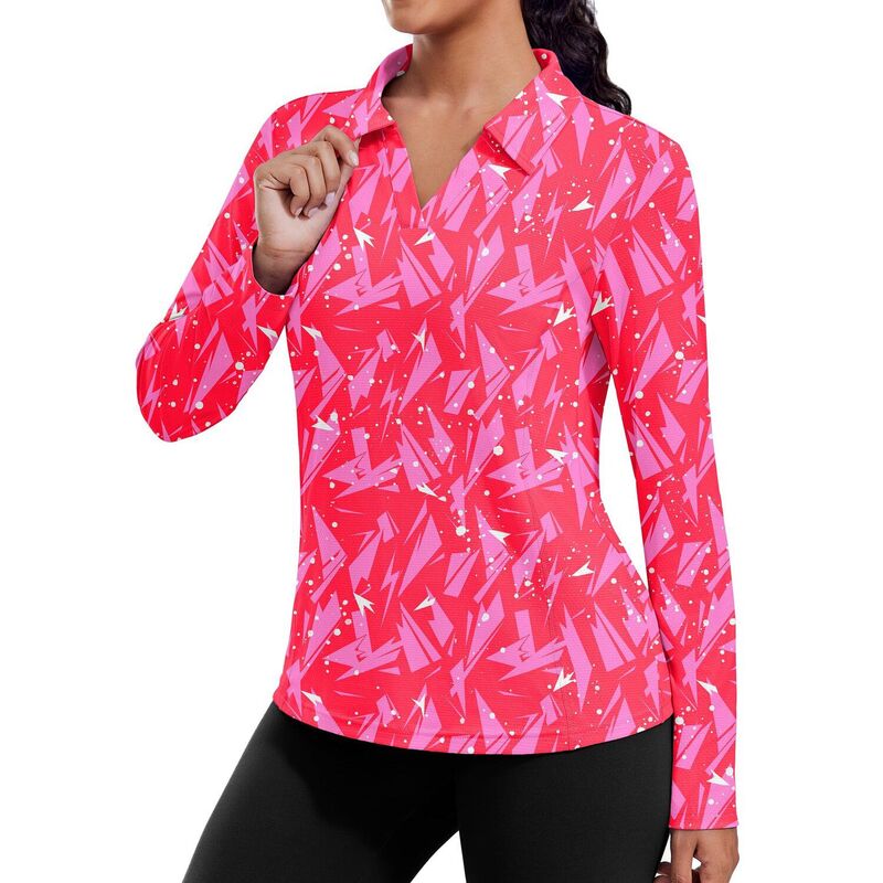 ピンスパーク レディース トップス Tシャツ Vネック ポロシャツ Pinspark Women's Long Sleeve V Neck Golf Polo Shirt UPF50+ Lightweightop for Hiking Running Yoga Geometry Pink ピンク|ReVida 店