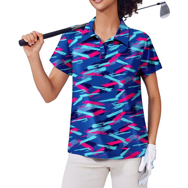 ピンぴかぴか光る レディース トップス プルオーバー PINSPARK Women\u0027short Sleeve Golf Polo Shirt Moisture Wicking 3-Button Collared Tennis Athletic Top Colorful Geometry