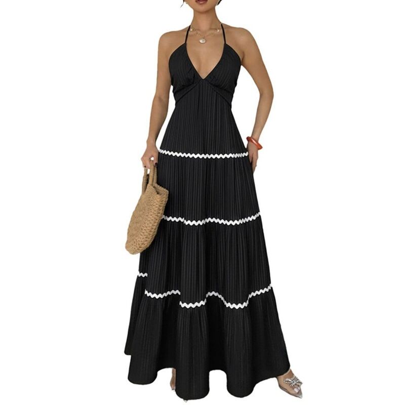 救い主流行り物 レディース トップス 衣装 A 生産ライン マキシ ホルター Yesfashion Women\u0027s Tie Back Halter Long Dressestriped A Line Color Block Flowy Maxi Dress Black 黒いこと
