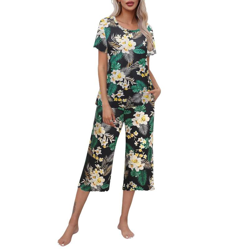 エコアー レディース アンダーウェア ナイトウェア キャップ Ekouaer Women's Lettuce-Trim Short Sleeve Top & Capri Pajama Set Black White Flower ホワイト｜ReVida 店
