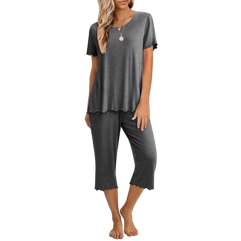 エコアー レディース アンダーウェア ナイトウェア キャップ Ekouaer Women's Lettuce-Trim Short Sleeve Top & Capri Pajama Set Dark Gray グレー｜ReVida 店